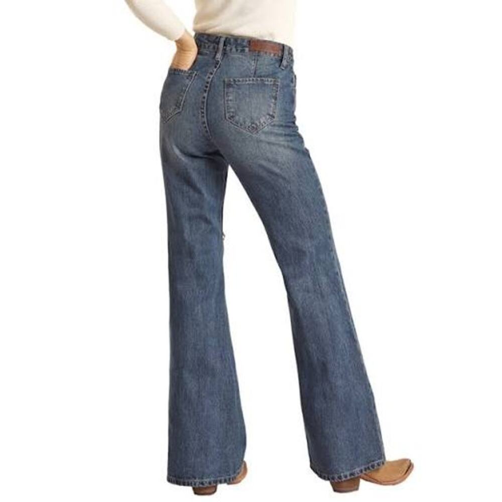 Rock & Roll Cowgirl High Rise Palazzo Flare Jeans Dark Wash Slit Hem - Size 27